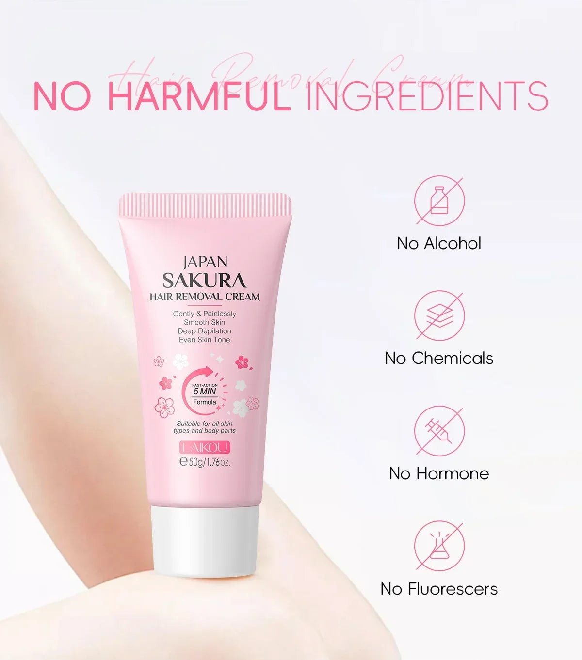LAIKOU Sakura Hair Removal Cream Fast Painless Hair Growth Inhibitor Arm Armpit Legs Intimate Areas for Men Woman 50g